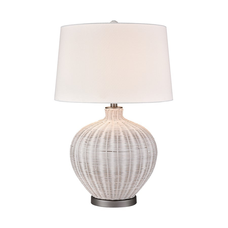 Atlas Lighting Brinley 29in 1-Light Table Lamp | Transitional White Rattan and Pewter Metal with White Linen Shade | Living Room | Model PL11042-WH