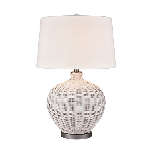 Atlas Lighting Brinley 29in 1-Light Table Lamp | Transitional White Rattan and Pewter Metal with White Linen Shade | Living Room | Model PL11042-WH