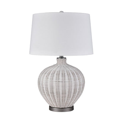 Atlas Lighting Brinley 29in 1-Light Table Lamp | Transitional White Rattan and Pewter Metal with White Linen Shade | Living Room | Model PL11042-WH