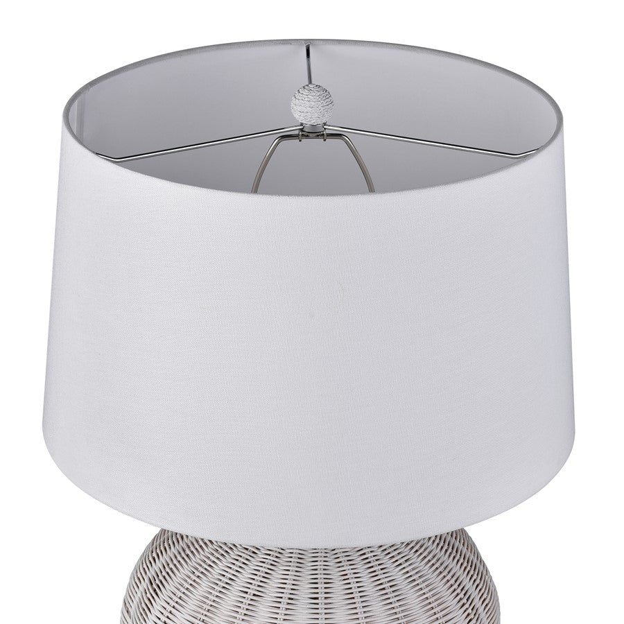 Atlas Lighting Brinley 29in 1-Light Table Lamp | Transitional White Rattan and Pewter Metal with White Linen Shade | Living Room | Model PL11042-WH