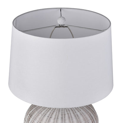 Atlas Lighting Brinley 29in 1-Light Table Lamp | Transitional White Rattan and Pewter Metal with White Linen Shade | Living Room | Model PL11042-WH