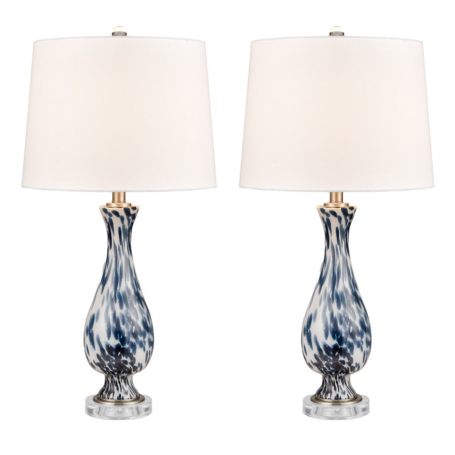 Atlas Lighting Cordelia Sound 30in 1-Light Table Lamp Set of 2 | Transitional Blue and White Glass and White Fabric Shade | Model PL11047-BLS