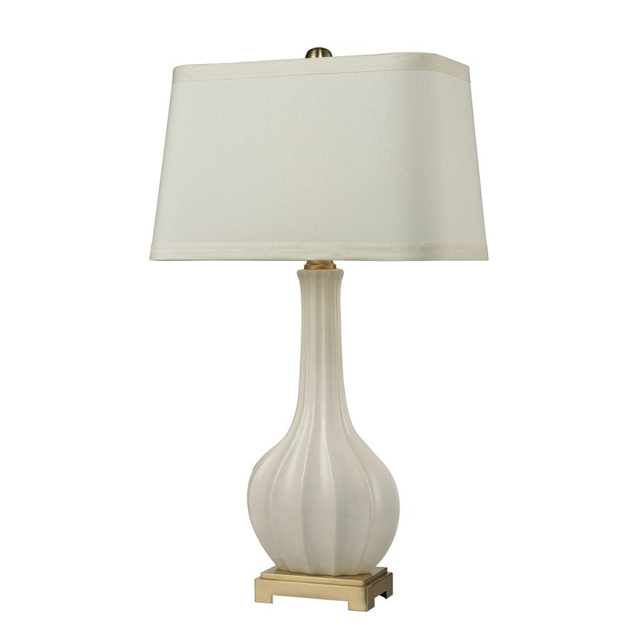 Atlas Lighting Fluted Ceramic 34in 1-Light Table Lamp | Traditional White Earthenware and Aged Brass Base with White Faux Silk | Model PL11058-WH