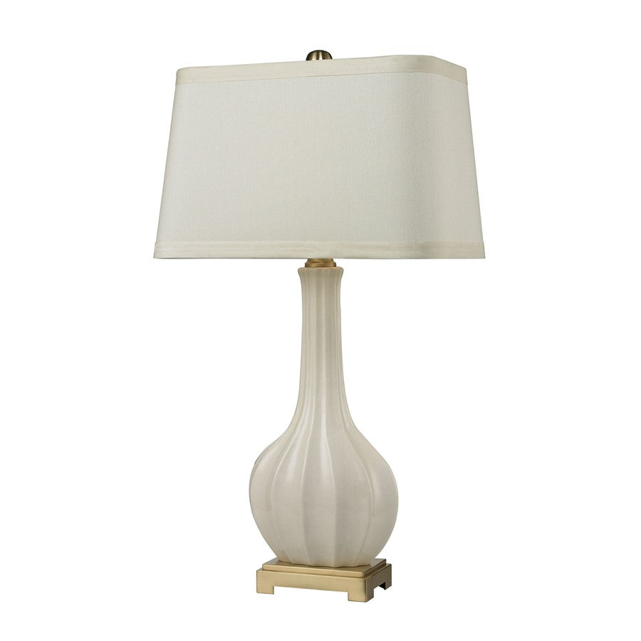 Atlas Lighting Fluted Ceramic 34in 1-Light Table Lamp | Traditional White Earthenware and Aged Brass Base with White Faux Silk | Model PL11058-WH