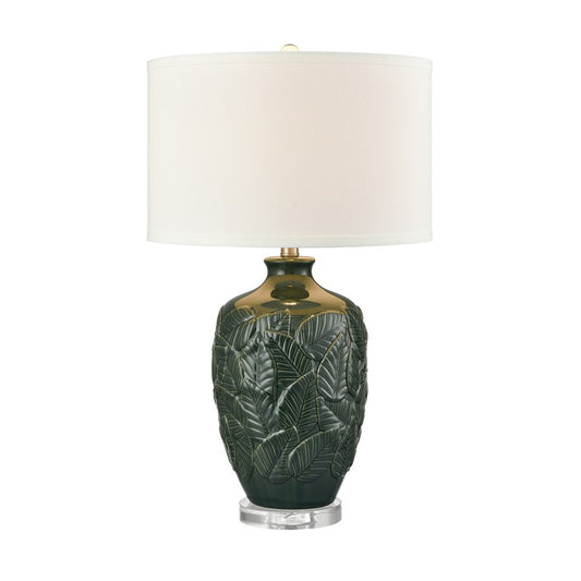 Atlas Lighting Goodell 16in 1-Light Table Lamp | Dark Green Earthenware and White Fabric Shade | Living Room & Bedroom | Model PL11061-GN
