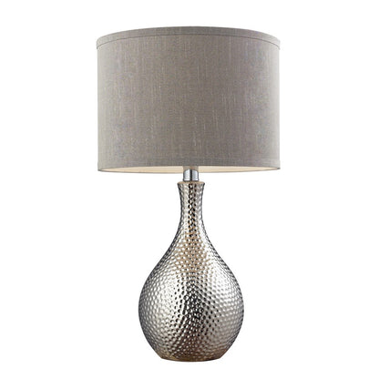 Atlas Lighting Hammered Chrome 12in 1-Light Table Lamp | Chrome Earthenware and Gray Fabric Shade | Living Room & Bedroom | Model PL11063-CH