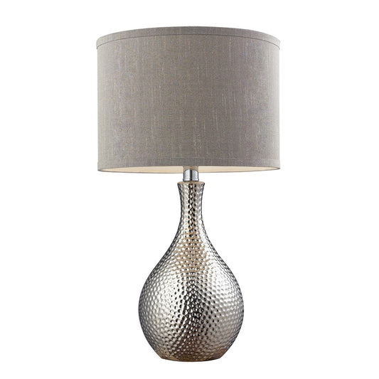 Atlas Lighting Hammered Chrome 12in 1-Light Table Lamp | Chrome Earthenware and Gray Fabric Shade | Living Room & Bedroom | Model PL11063-CH