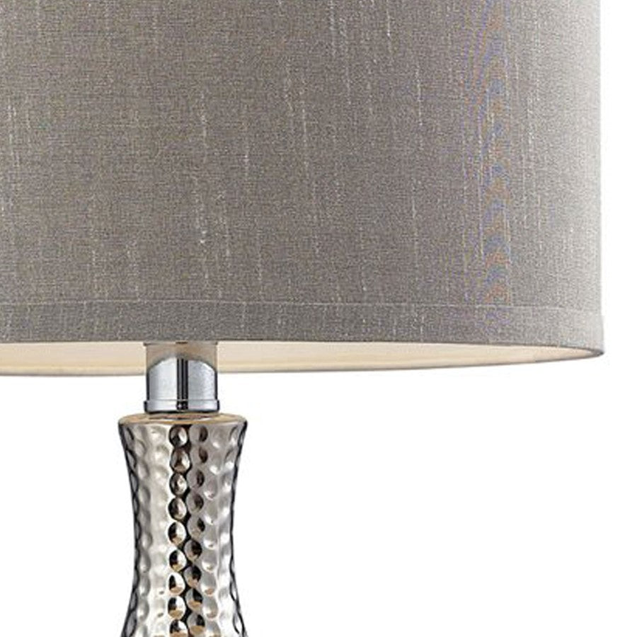 Atlas Lighting Hammered Chrome 12in 1-Light Table Lamp | Chrome Earthenware and Gray Fabric Shade | Living Room & Bedroom | Model PL11063-CH