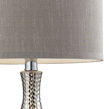 Atlas Lighting Hammered Chrome 12in 1-Light Table Lamp | Chrome Earthenware and Gray Fabric Shade | Living Room & Bedroom | Model PL11063-CH