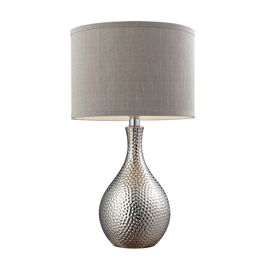 Atlas Lighting Hammered Chrome 12in 1-Light Table Lamp | Chrome Earthenware and Gray Fabric Shade | Living Room & Bedroom | Model PL11063-CH
