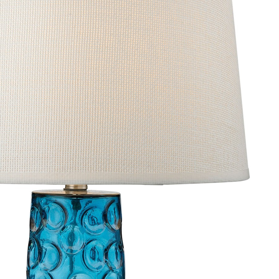Atlas Lighting Hammered Glass 27in 1-Light Table Lamp | Transitional Blue Glass and White Fabric Shade | Living Room & Bedroom | Model PL11064-BL