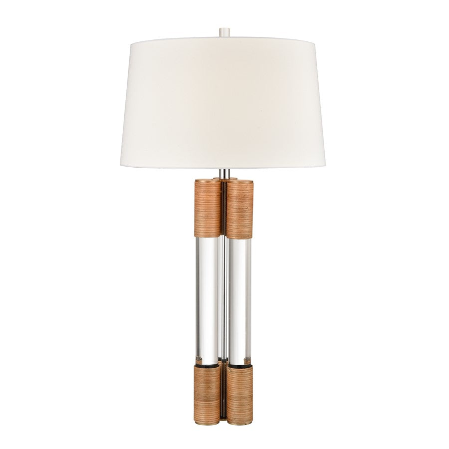 Atlas Lighting Island Gate 19in 1-Light Table Lamp | Clear Acrylic and Natural Rattan with White Linen Shade | Living Room | Model PL11068-CL