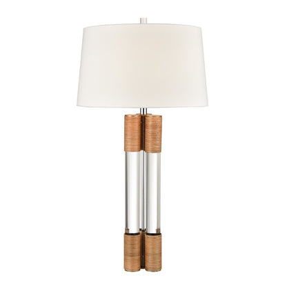 Atlas Lighting Island Gate 19in 1-Light Table Lamp | Clear Acrylic and Natural Rattan with White Linen Shade | Living Room | Model PL11068-CL