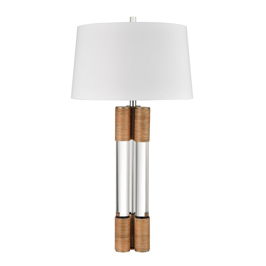 Atlas Lighting Island Gate 19in 1-Light Table Lamp | Clear Acrylic and Natural Rattan with White Linen Shade | Living Room | Model PL11068-CL