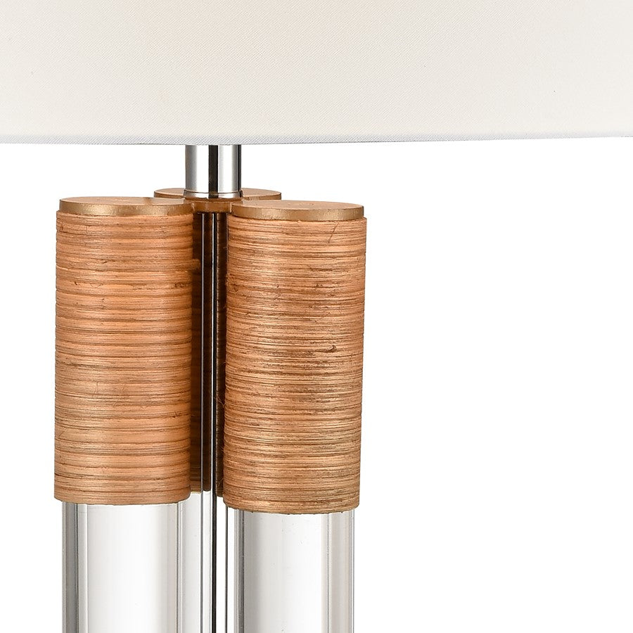 Atlas Lighting Island Gate 19in 1-Light Table Lamp | Clear Acrylic and Natural Rattan with White Linen Shade | Living Room | Model PL11068-CL