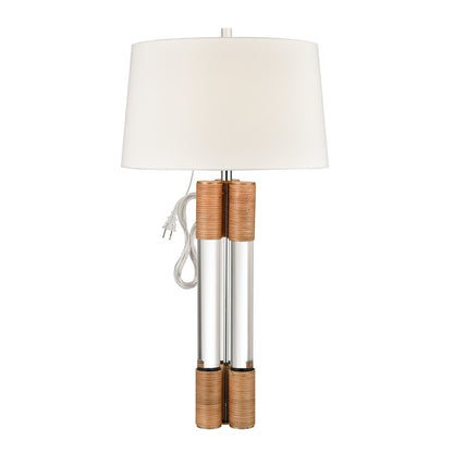 Atlas Lighting Island Gate 19in 1-Light Table Lamp | Clear Acrylic and Natural Rattan with White Linen Shade | Living Room | Model PL11068-CL