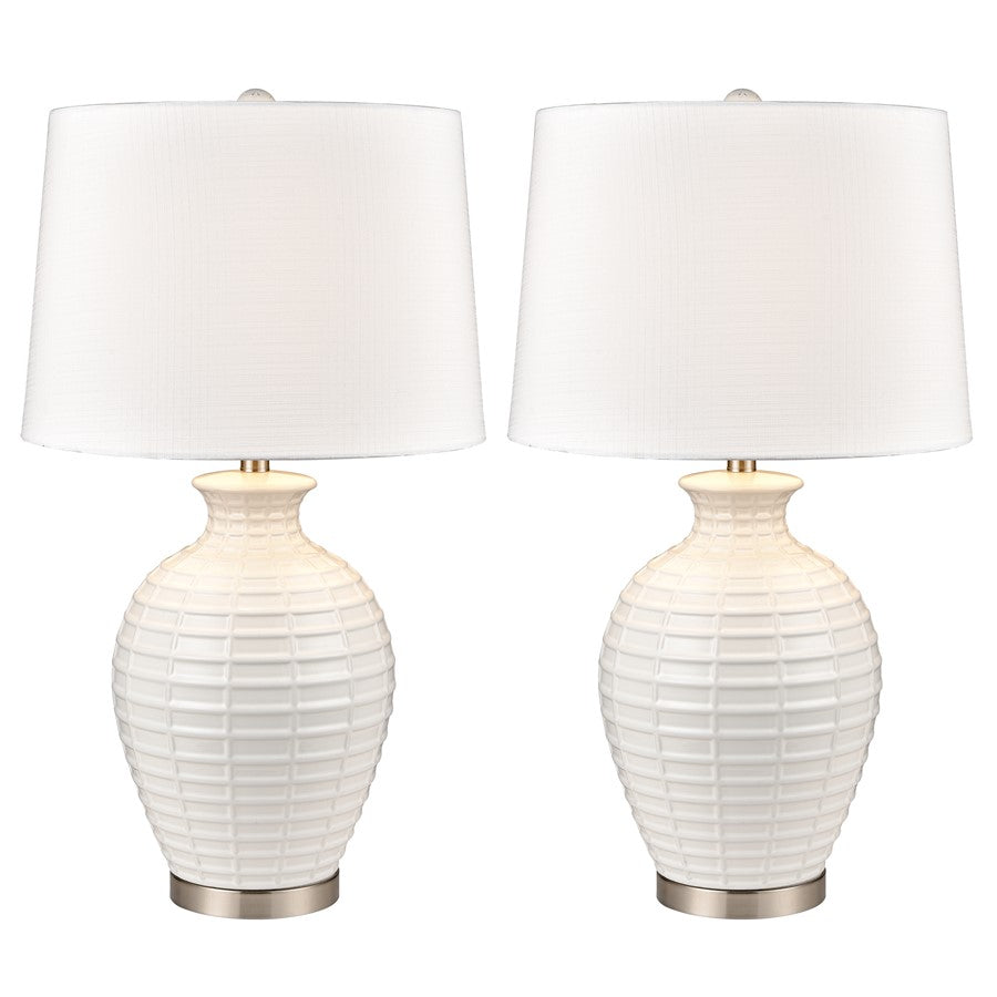 Atlas Lighting Junia 28in 1-Light Table Lamp Set of 2 | White Glazed Earthenware and Satin Nickel | Living Room & Bedroom | Model PL11073-WHS
