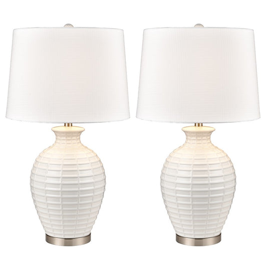 Atlas Lighting Junia 28in 1-Light Table Lamp Set of 2 | White Glazed Earthenware and Satin Nickel | Living Room & Bedroom | Model PL11073-WHS