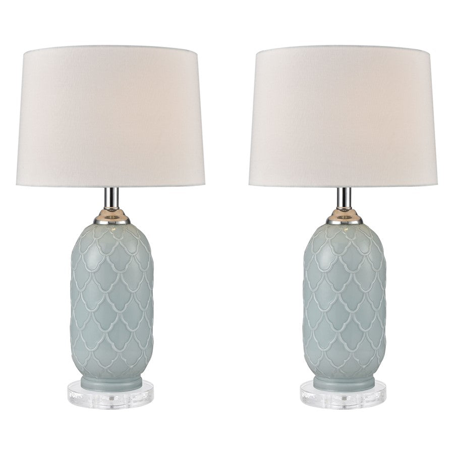 Atlas La Joliette 24in 2-Light Table Lamp Set of 2 | Modern Pale Blue Glass and White Fabric Shade | Living Room & Bedroom | Model PL11076-BLS