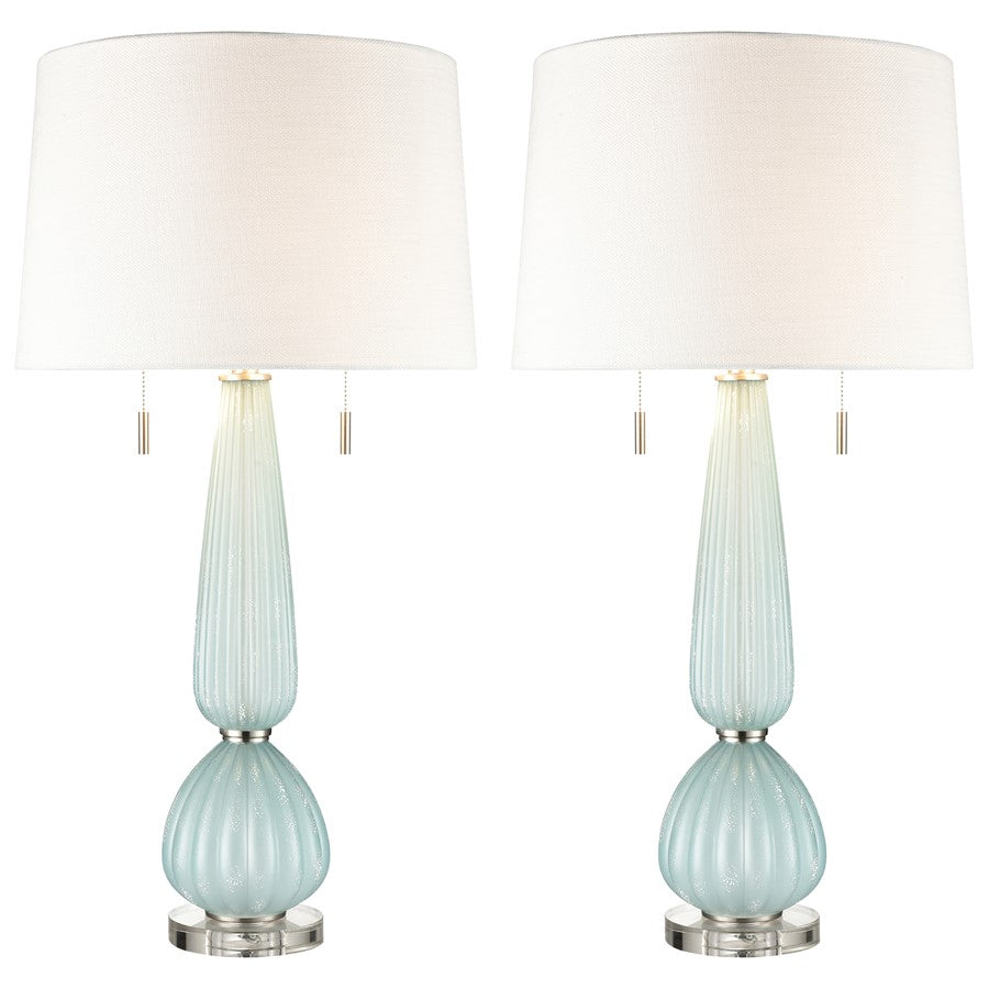 Atlas Lighting Mariani 17in 2-Light Table Lamp Set of 2 | Light Blue Glass and Silver Linen Shade | Bedroom & Living Room | Model PL11083-BLS
