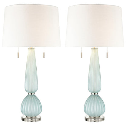 Atlas Lighting Mariani 17in 2-Light Table Lamp Set of 2 | Light Blue Glass and Silver Linen Shade | Bedroom & Living Room | Model PL11083-BLS