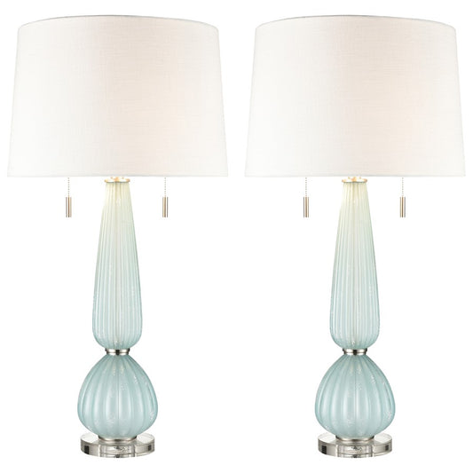 Atlas Lighting Mariani 17in 2-Light Table Lamp Set of 2 | Light Blue Glass and Silver Linen Shade | Bedroom & Living Room | Model PL11083-BLS