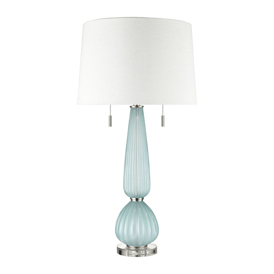 Atlas Lighting Mariani 17in 2-Light Table Lamp Set of 2 | Light Blue Glass and Silver Linen Shade | Bedroom & Living Room | Model PL11083-BLS