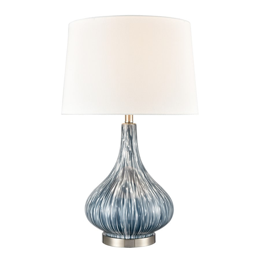 Atlas Lighting Northcott 28in 1-Light Table Lamp | Transitional Blue Glass and Brushed Steel with White Linen Shade | Living Room | Model PL11087-BL