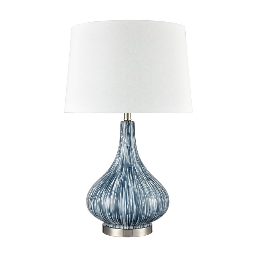 Atlas Lighting Northcott 28in 1-Light Table Lamp | Transitional Blue Glass and Brushed Steel with White Linen Shade | Living Room | Model PL11087-BL