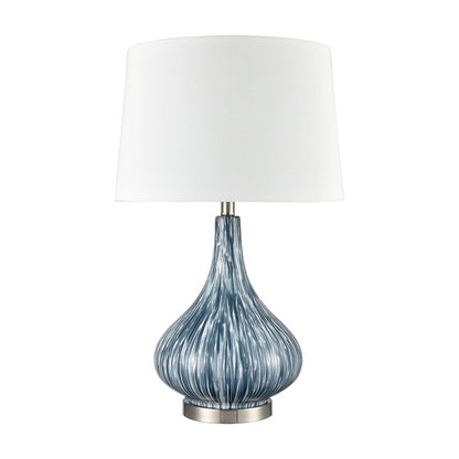 Atlas Lighting Northcott 28in 1-Light Table Lamp | Transitional Blue Glass and Brushed Steel with White Linen Shade | Living Room | Model PL11087-BL