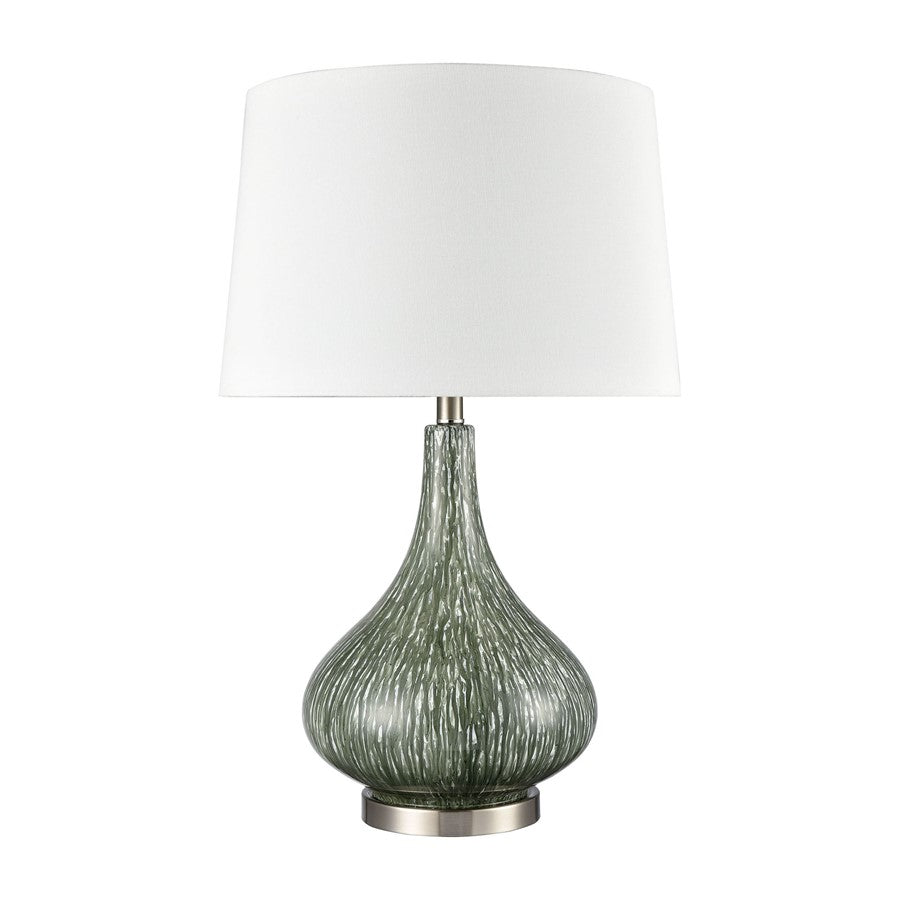 Atlas Lighting Northcott 28in 1-Light Table Lamp | Transitional Green Glass and Brushed Steel with White Linen Shade | Living Room | Model PL11087-GN
