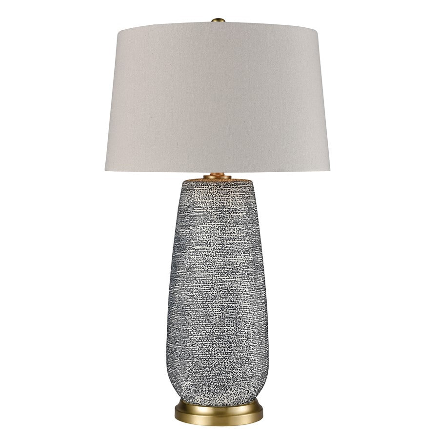 Atlas Lighting Rehoboth 30in 1-Light Table Lamp | Transitional Navy Earthenware and Aged Brass with Gray Fabric Shade | Living | Model PL11095-BL