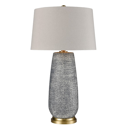 Atlas Lighting Rehoboth 30in 1-Light Table Lamp | Transitional Navy Earthenware and Aged Brass with Gray Fabric Shade | Living | Model PL11095-BL