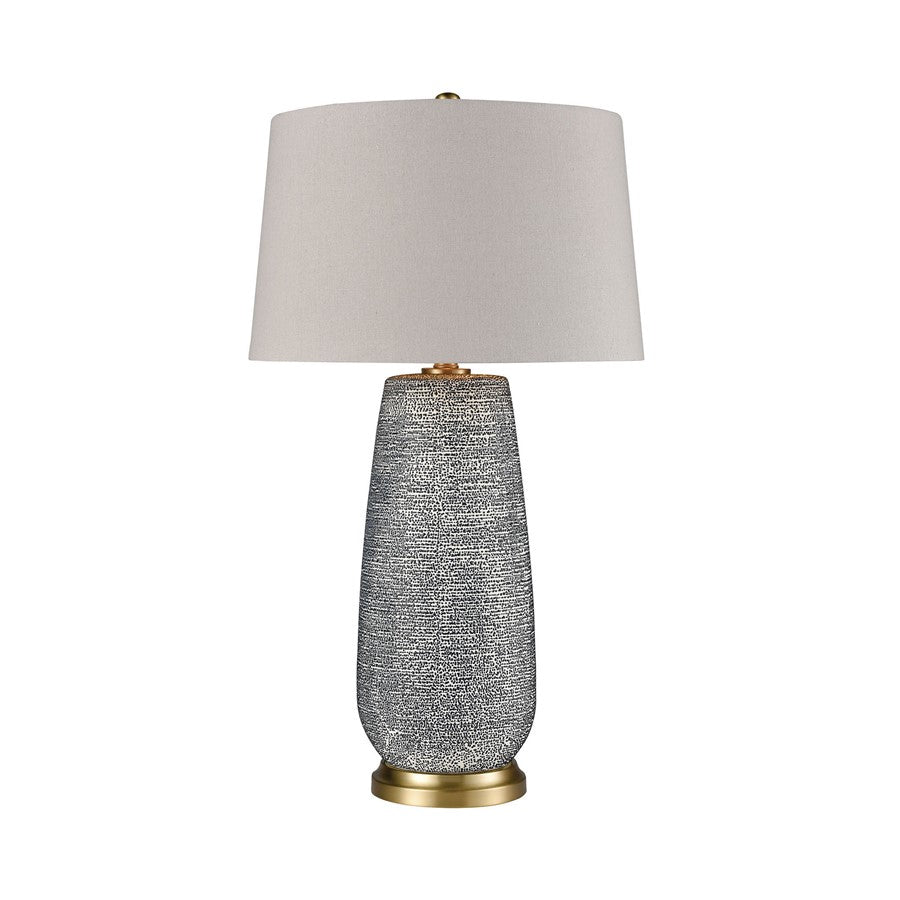 Atlas Lighting Rehoboth 30in 1-Light Table Lamp | Transitional Navy Earthenware and Aged Brass with Gray Fabric Shade | Living | Model PL11095-BL