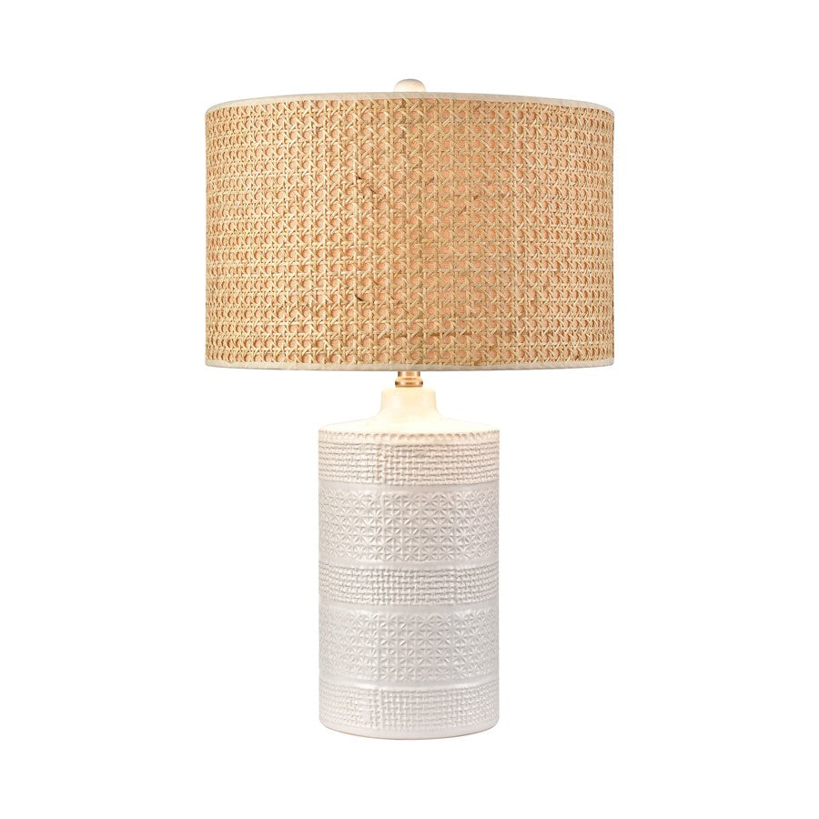 Atlas Lighting Seymour 15in 1-Light Table Lamp | White Glazed Earthenware and Natural Rattan Drum Shade | Living Room & Bedroom | Model PL11102-WH