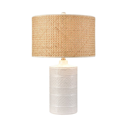 Atlas Lighting Seymour 15in 1-Light Table Lamp | White Glazed Earthenware and Natural Rattan Drum Shade | Living Room & Bedroom | Model PL11102-WH