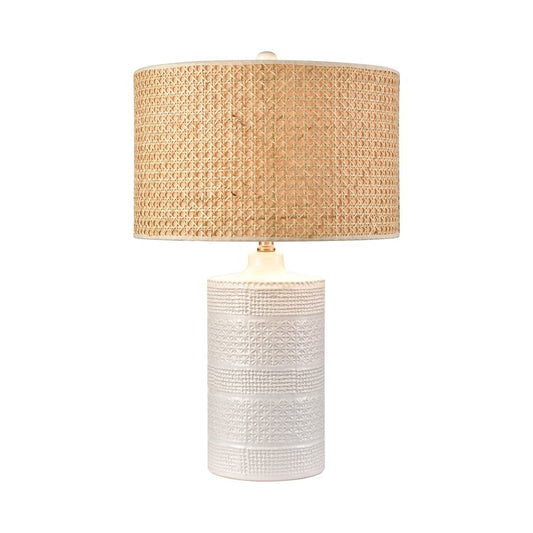 Atlas Lighting Seymour 15in 1-Light Table Lamp | White Glazed Earthenware and Natural Rattan Drum Shade | Living Room & Bedroom | Model PL11102-WH