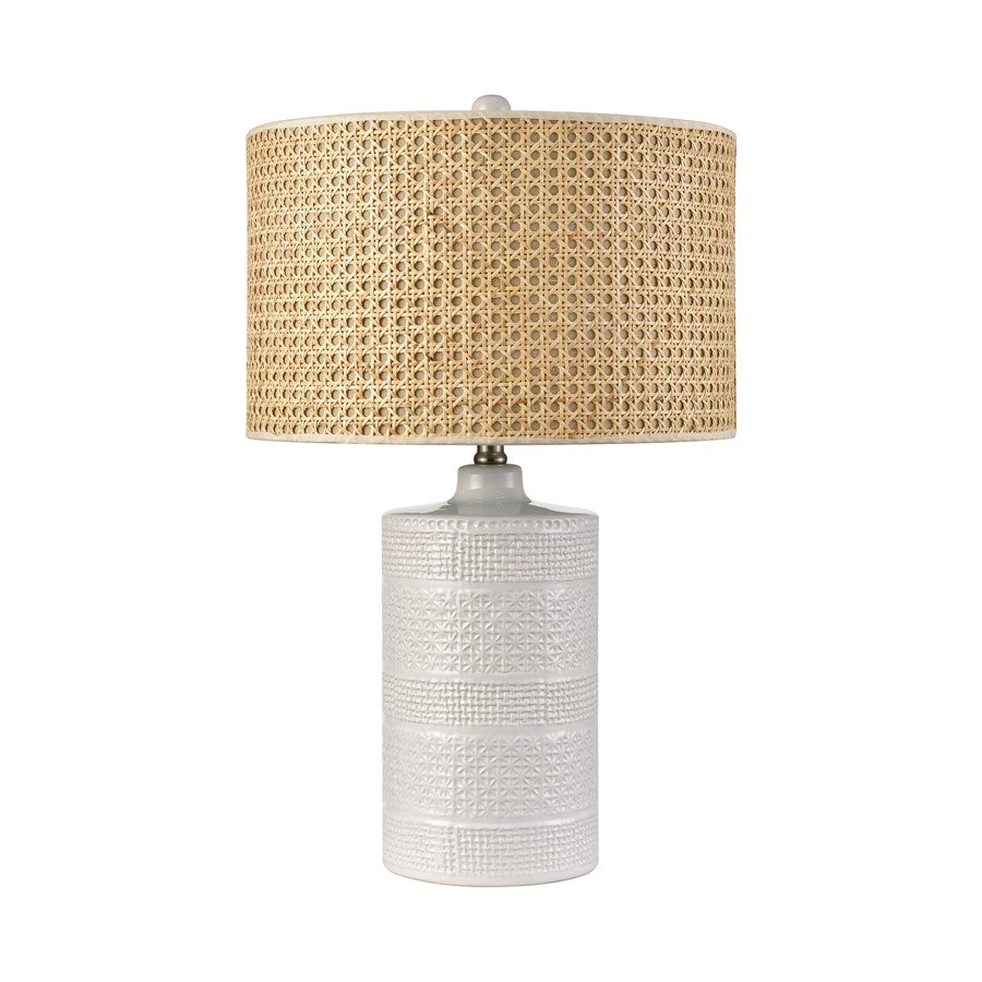 Atlas Lighting Seymour 15in 1-Light Table Lamp | White Glazed Earthenware and Natural Rattan Drum Shade | Living Room & Bedroom | Model PL11102-WH