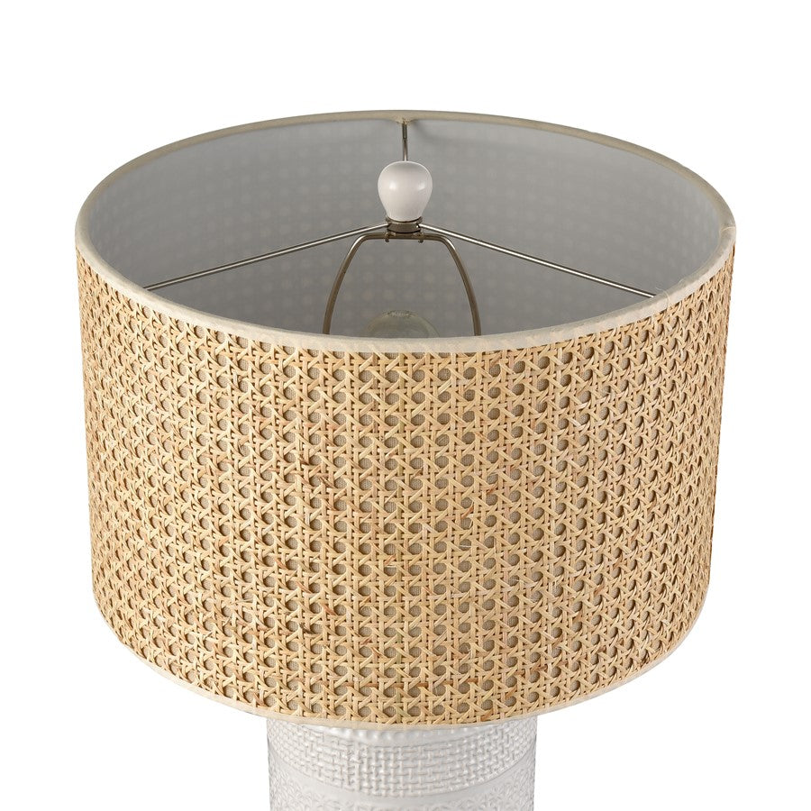 Atlas Lighting Seymour 15in 1-Light Table Lamp | White Glazed Earthenware and Natural Rattan Drum Shade | Living Room & Bedroom | Model PL11102-WH