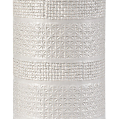 Atlas Lighting Seymour 15in 1-Light Table Lamp | White Glazed Earthenware and Natural Rattan Drum Shade | Living Room & Bedroom | Model PL11102-WH