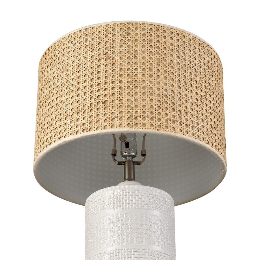 Atlas Lighting Seymour 15in 1-Light Table Lamp | White Glazed Earthenware and Natural Rattan Drum Shade | Living Room & Bedroom | Model PL11102-WH