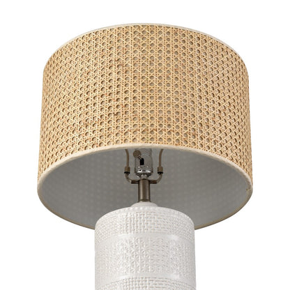 Atlas Lighting Seymour 15in 1-Light Table Lamp | White Glazed Earthenware and Natural Rattan Drum Shade | Living Room & Bedroom | Model PL11102-WH
