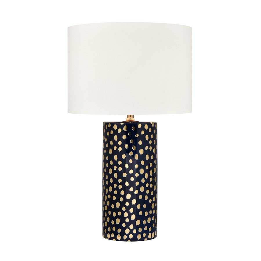 Atlas Lighting Signe 15in 1-Light Table Lamp | Navy Earthenware and Gold with White Fabric Drum Shade | Living Room & Bedroom | Model PL11104-BL