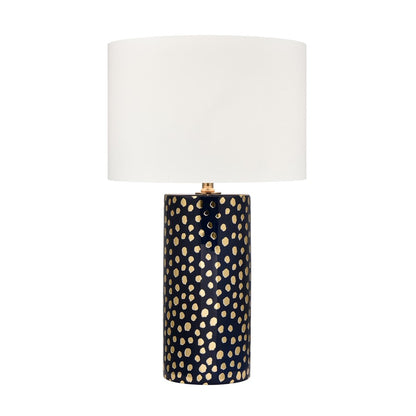 Atlas Lighting Signe 15in 1-Light Table Lamp | Navy Earthenware and Gold with White Fabric Drum Shade | Living Room & Bedroom | Model PL11104-BL