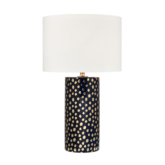 Atlas Lighting Signe 15in 1-Light Table Lamp | Navy Earthenware and Gold with White Fabric Drum Shade | Living Room & Bedroom | Model PL11104-BL