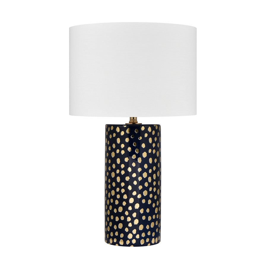 Atlas Lighting Signe 15in 1-Light Table Lamp | Navy Earthenware and Gold with White Fabric Drum Shade | Living Room & Bedroom | Model PL11104-BL