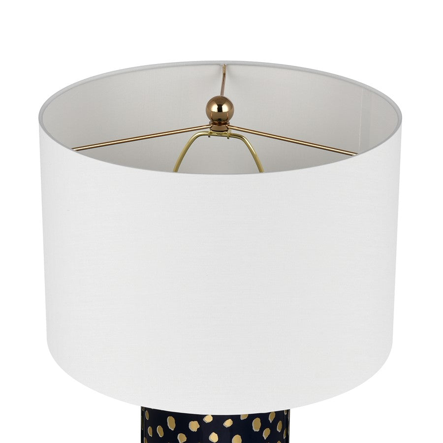 Atlas Lighting Signe 15in 1-Light Table Lamp | Navy Earthenware and Gold with White Fabric Drum Shade | Living Room & Bedroom | Model PL11104-BL