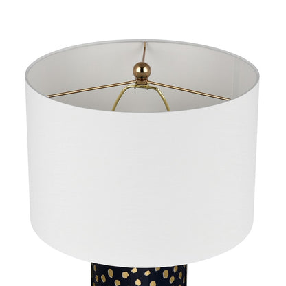 Atlas Lighting Signe 15in 1-Light Table Lamp | Navy Earthenware and Gold with White Fabric Drum Shade | Living Room & Bedroom | Model PL11104-BL