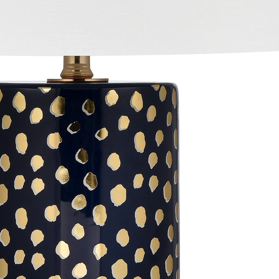 Atlas Lighting Signe 15in 1-Light Table Lamp | Navy Earthenware and Gold with White Fabric Drum Shade | Living Room & Bedroom | Model PL11104-BL
