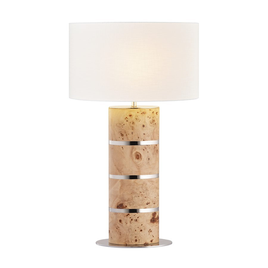 Atlas Lighting Cahill 28in 1-Light Table Lamp | Natural Burl Wood and Polished Nickel with White Fabric Oval Shade | Bedroom | Model PL11142-NA